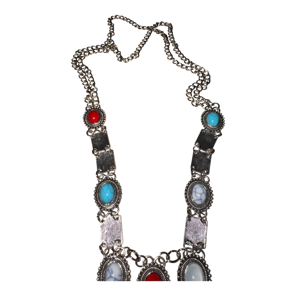 Vintage Boho Southwestern Multi-Stone Fringe Statement Necklace – Silver Tone