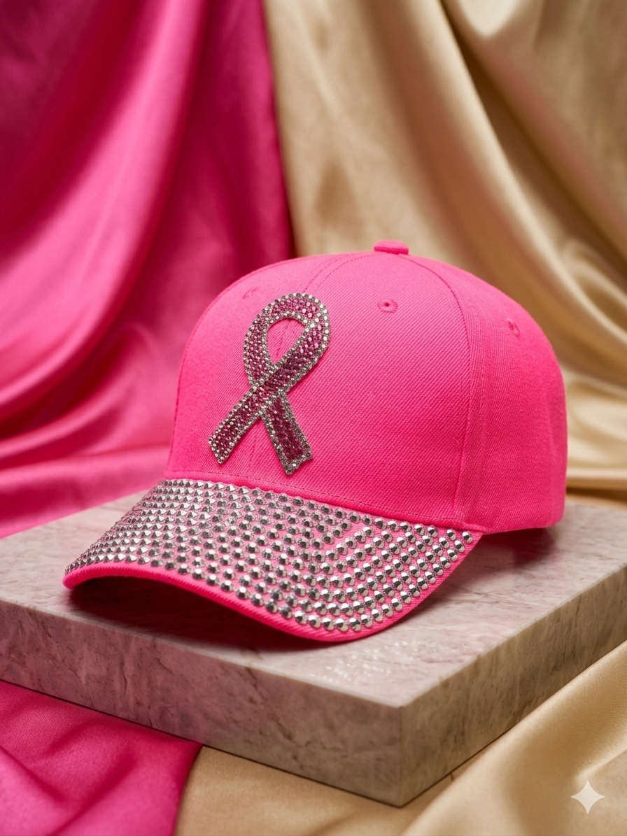 Rhinestone Breast Cancer Awareness Cap | Bright Pink Bling Baseball Hat