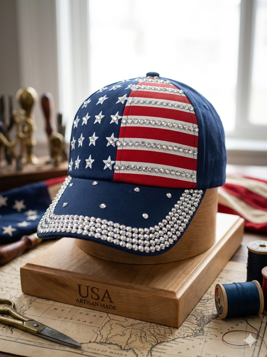 Rhinestone American Flag Patriotic Cap | Bling USA Stars & Stripes Hat