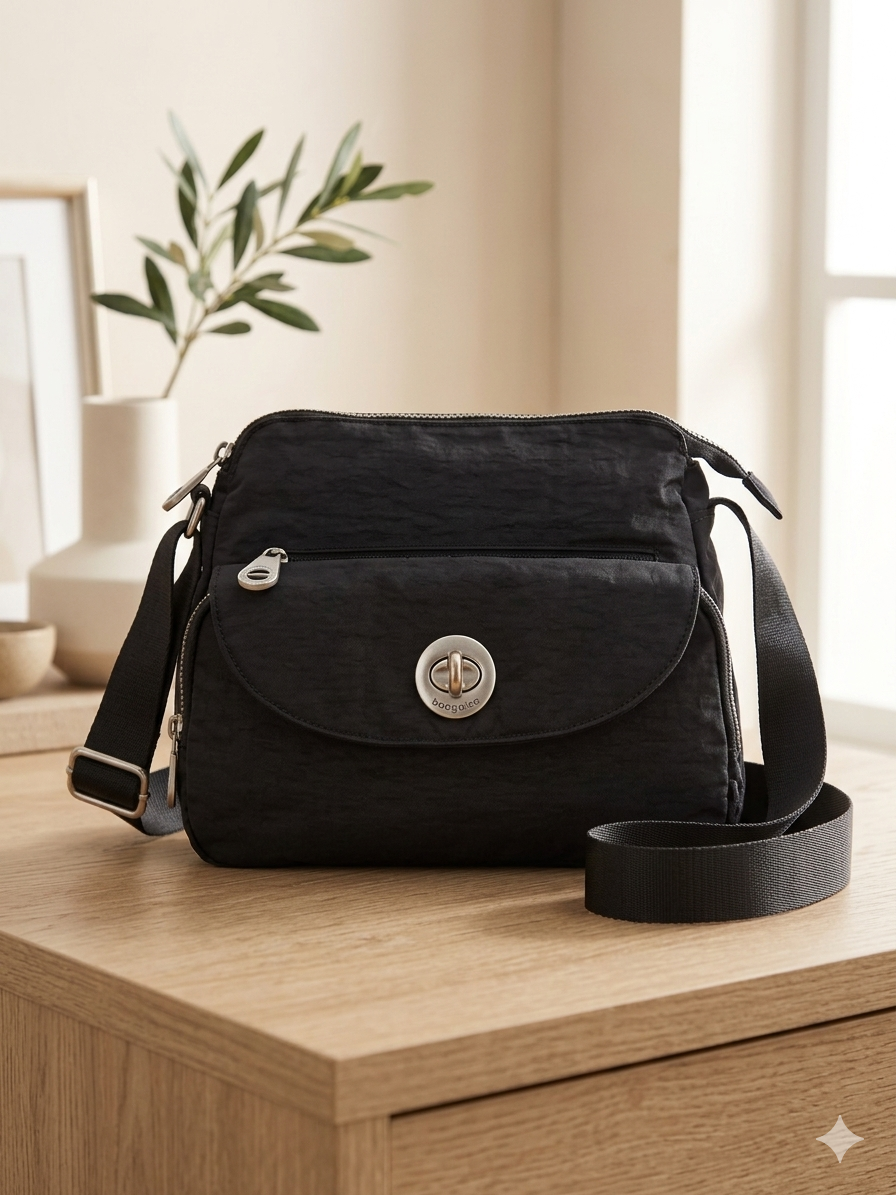 Baggallini Classic Black Nylon Crossbody Bag with Turn-Lock Pocket
