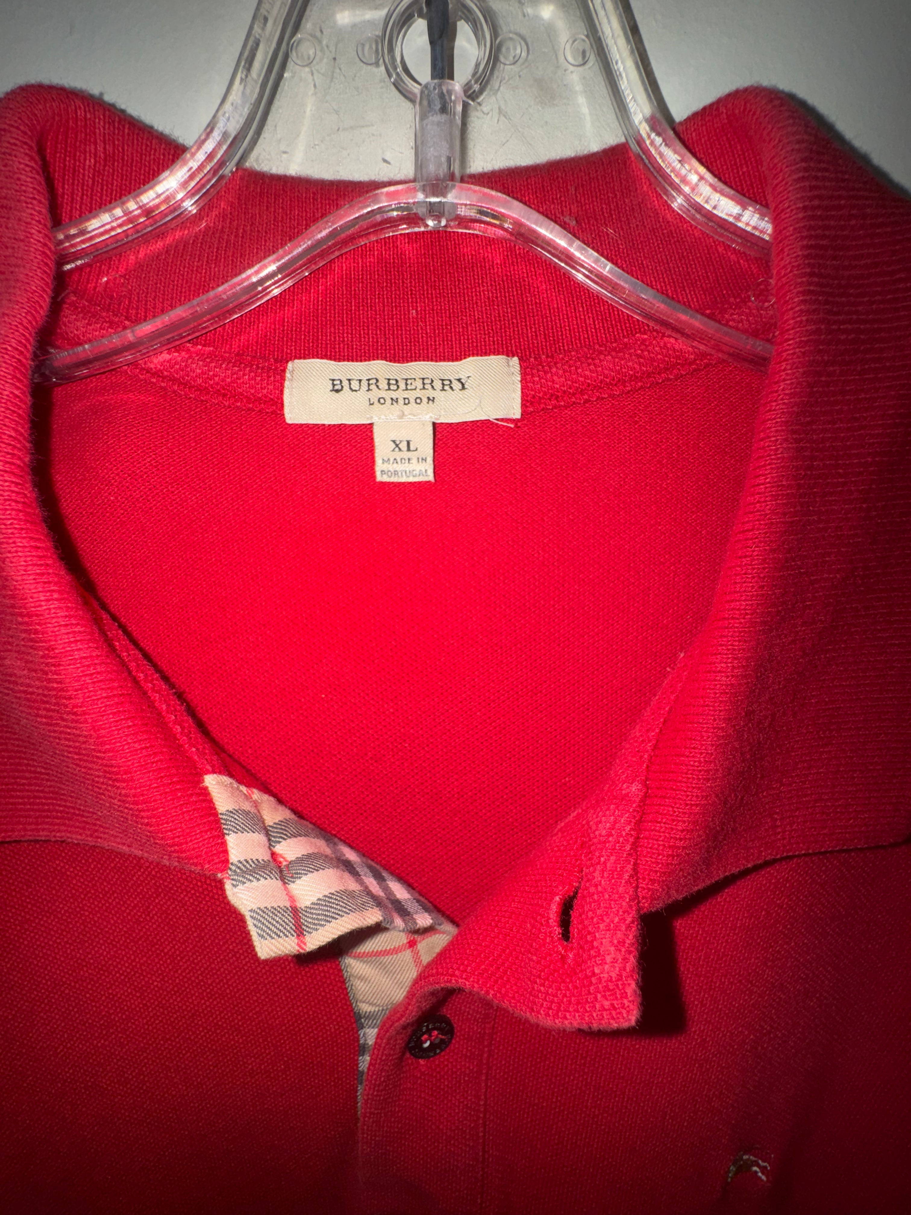 Burberry London Men's Red Pique Cotton Polo Shirt Nova Check Placket Trim