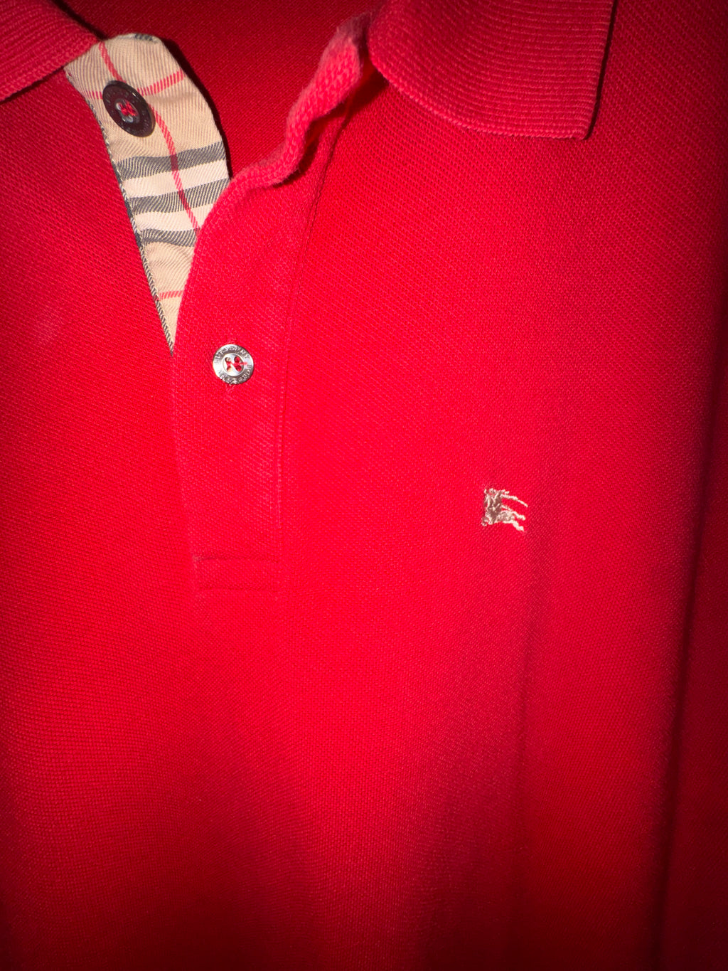 Burberry London Men's Red Pique Cotton Polo Shirt Nova Check Placket Trim