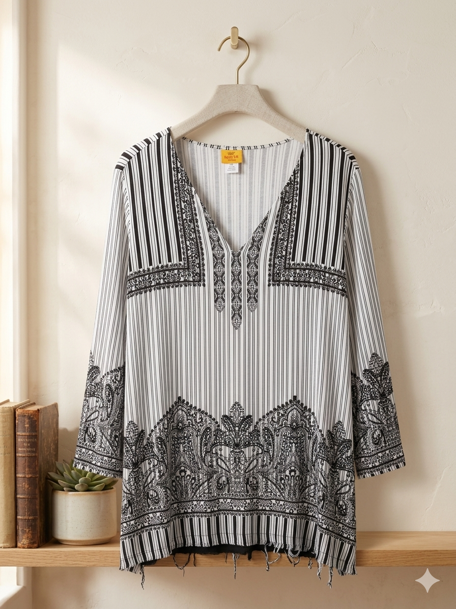 Ruby Rd. Striped Paisley Border V-Neck Tunic Top