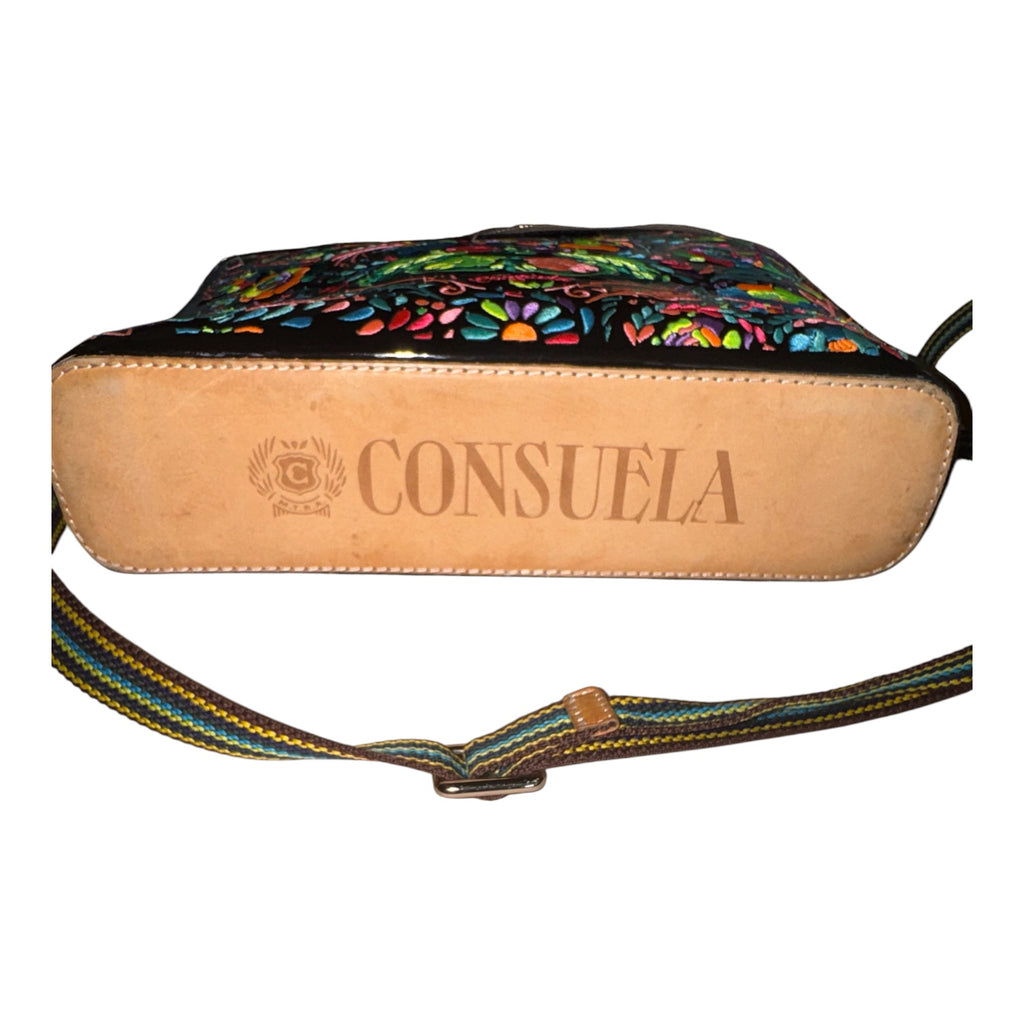 Consuela "Rita" Downtown Crossbody Bag – Black Patent & Neon Floral Embroidery