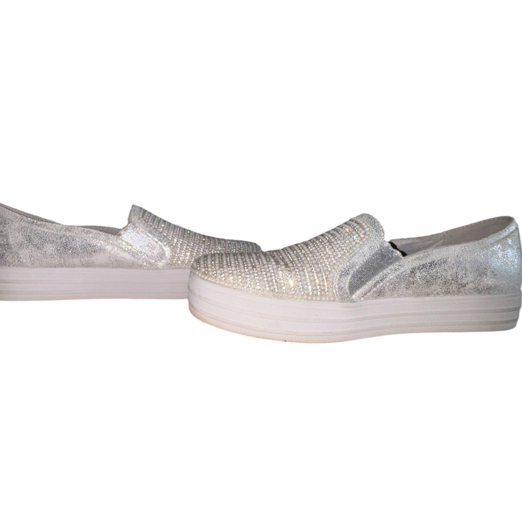 Skechers Street Million Air Shimmer Slip On Rhinestone Pearl Sneakers Silver