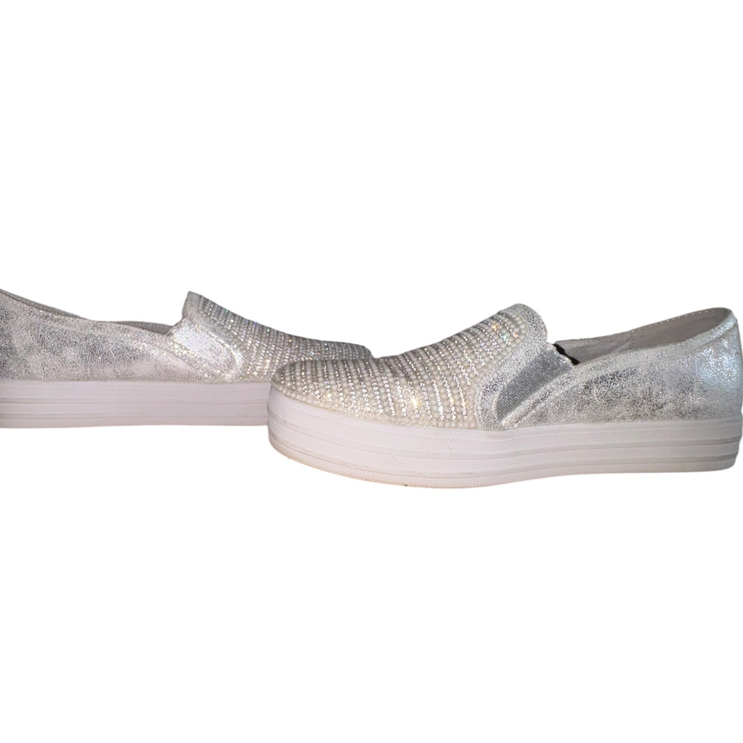 Skechers Street Million Air Shimmer Slip On Rhinestone Pearl Sneakers Silver
