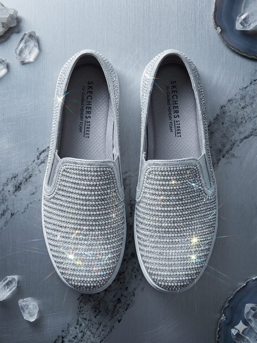 Skechers Street Million Air Shimmer Slip On Rhinestone Pearl Sneakers Silver