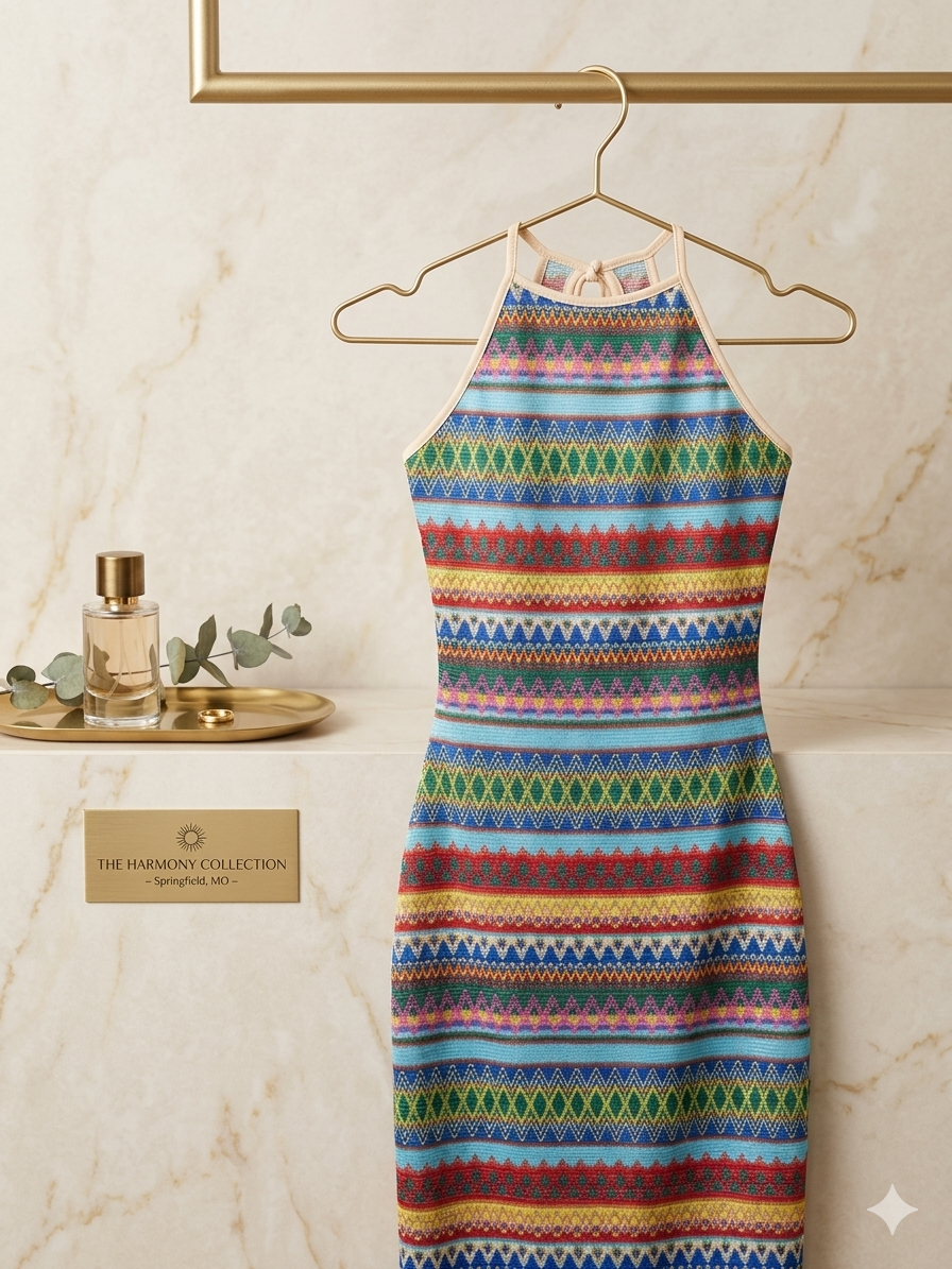 Vibrant Geometric Knit Halter Dress