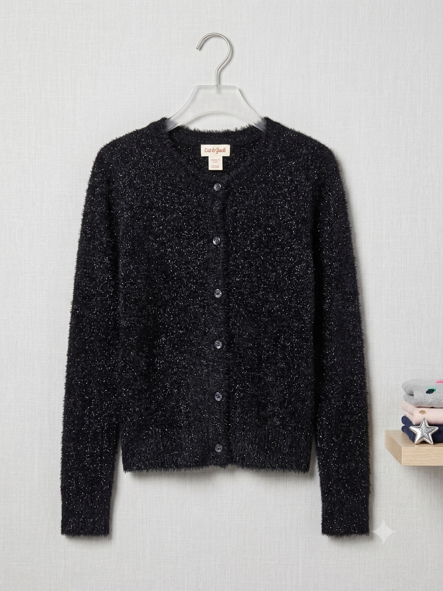 Cat & Jack Black Fuzzy Sparkle Shimmer Cardigan Sweater Button Front