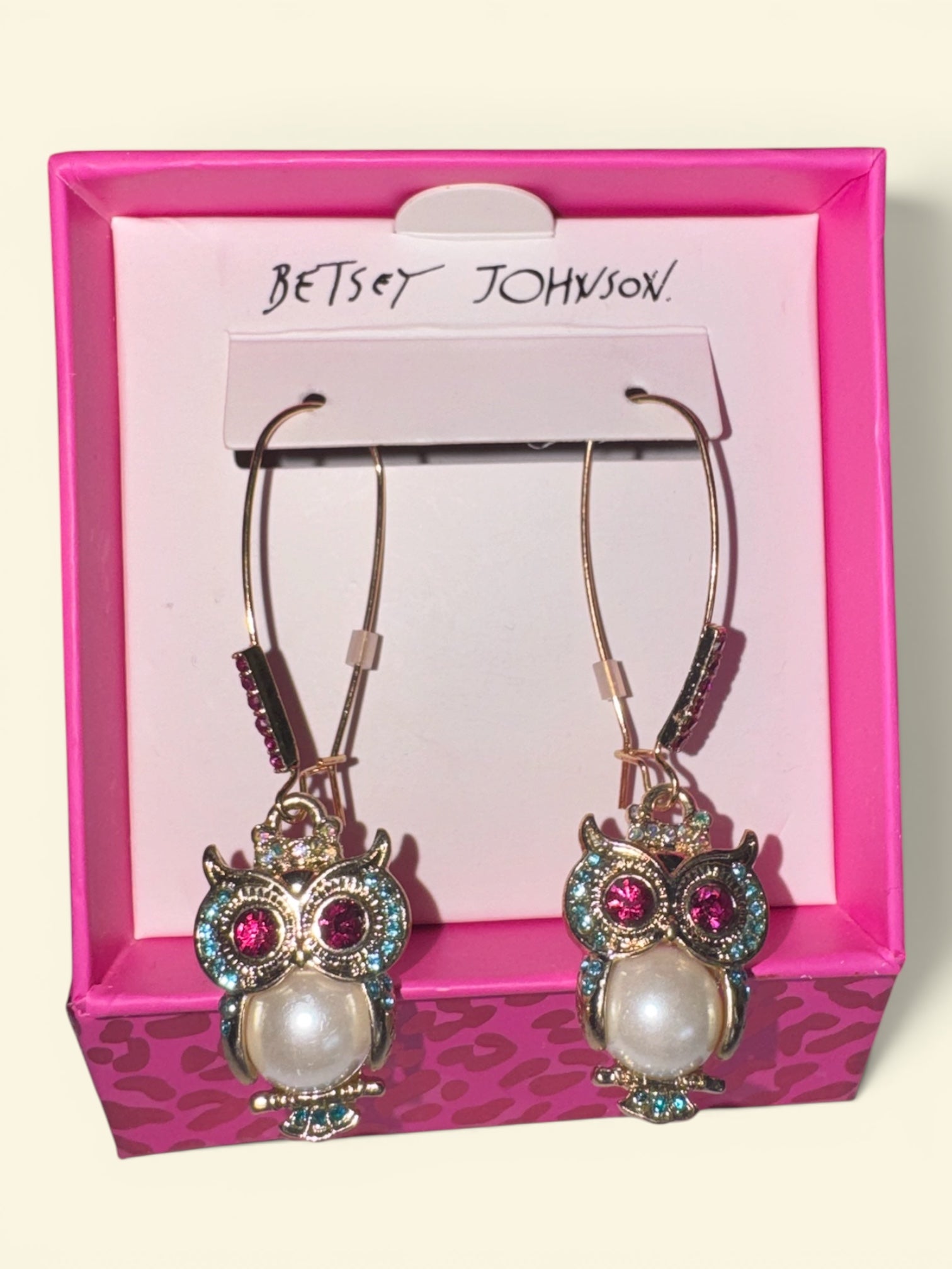 Betsey Johnson Crystal Owl Hoop Earrings – Pink & Blue Rhinestone Faux Pearl Dangle
