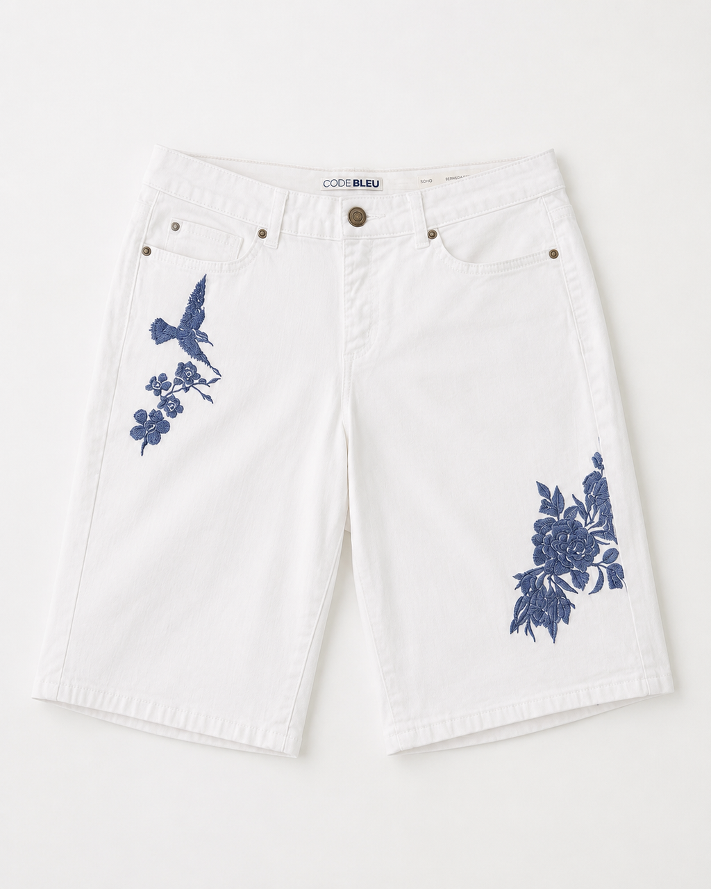Code Bleu Soho Bermuda Shorts – White Embroidered Bird & Floral Bermuda Shorts