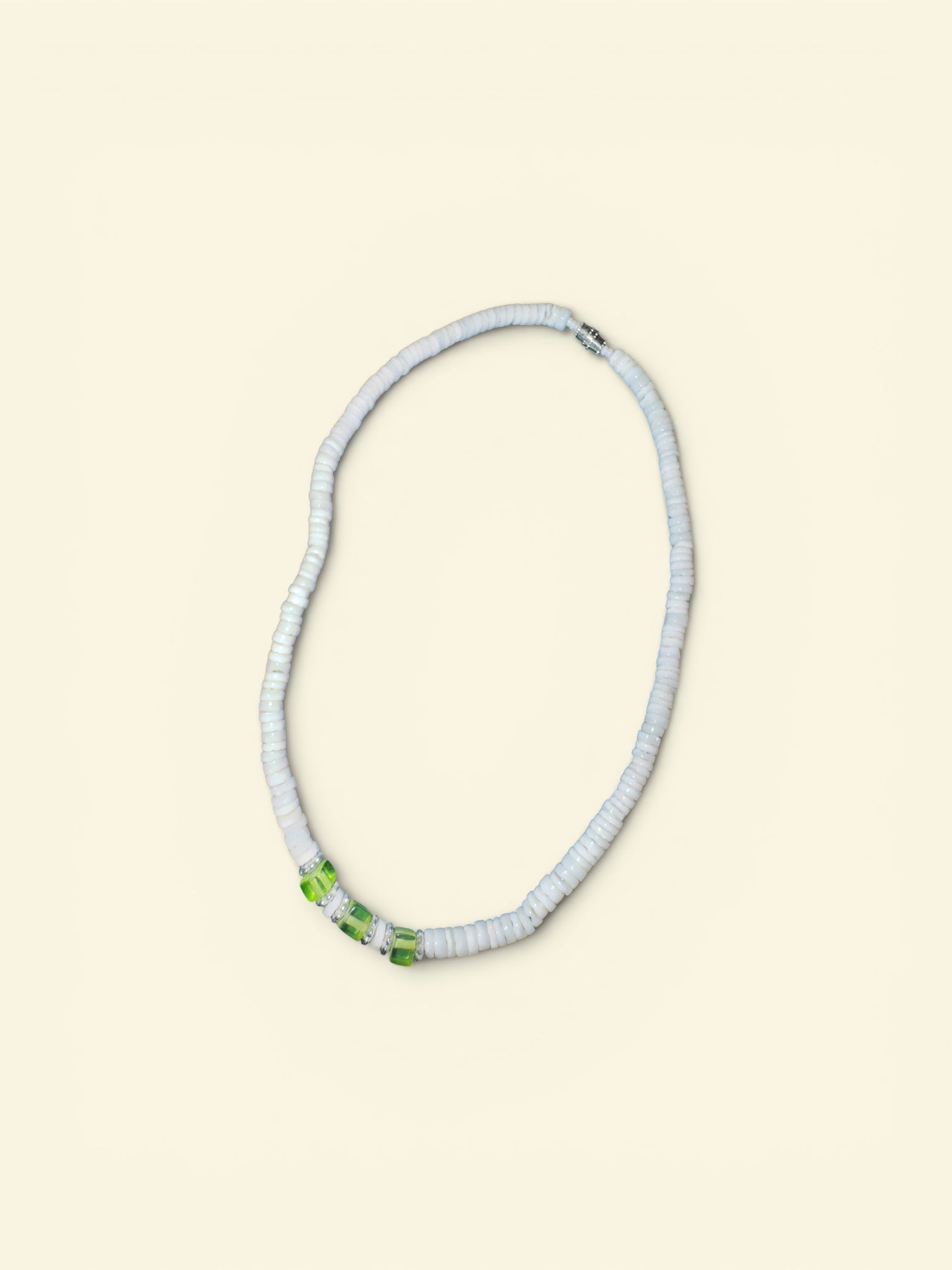 White Heishi Bead Necklace with Lime Green Accent Beads