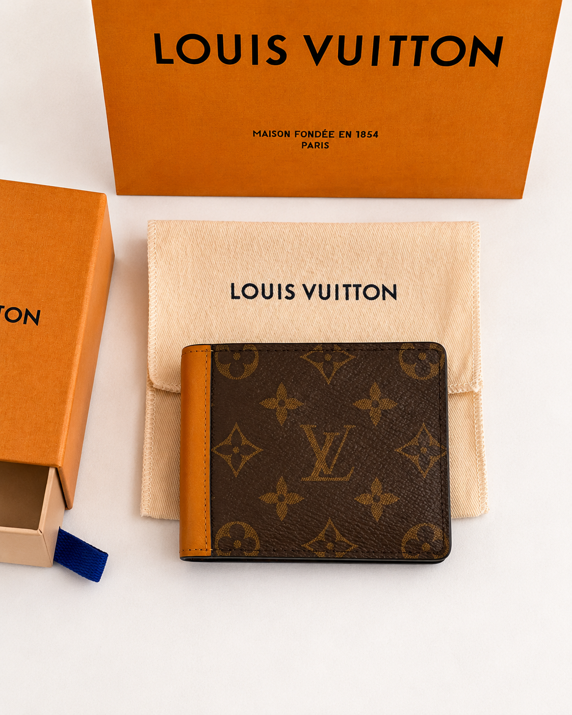 Louis Vuitton Monogram Macassar Slender Wallet Saffron Interior with Box & Dust Bag