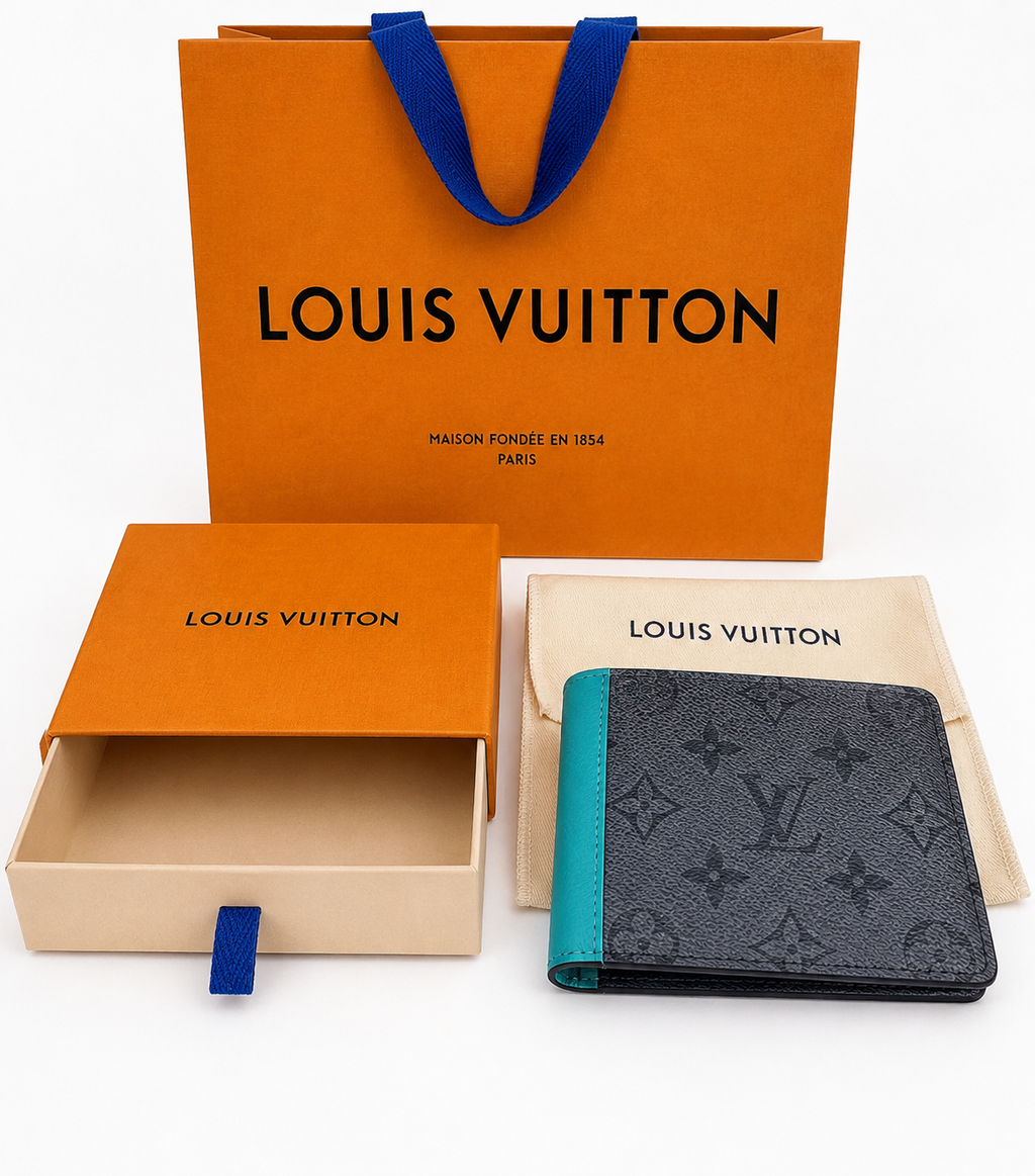 Louis Vuitton Monogram Eclipse Wallet with Turquoise Interior, Box & Dust Bag