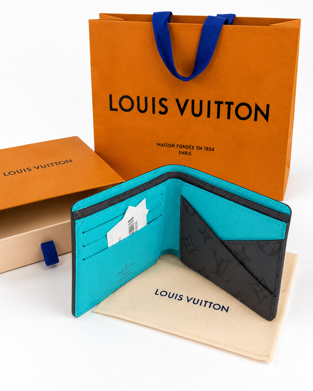 Louis Vuitton Monogram Eclipse Wallet with Turquoise Interior, Box & Dust Bag