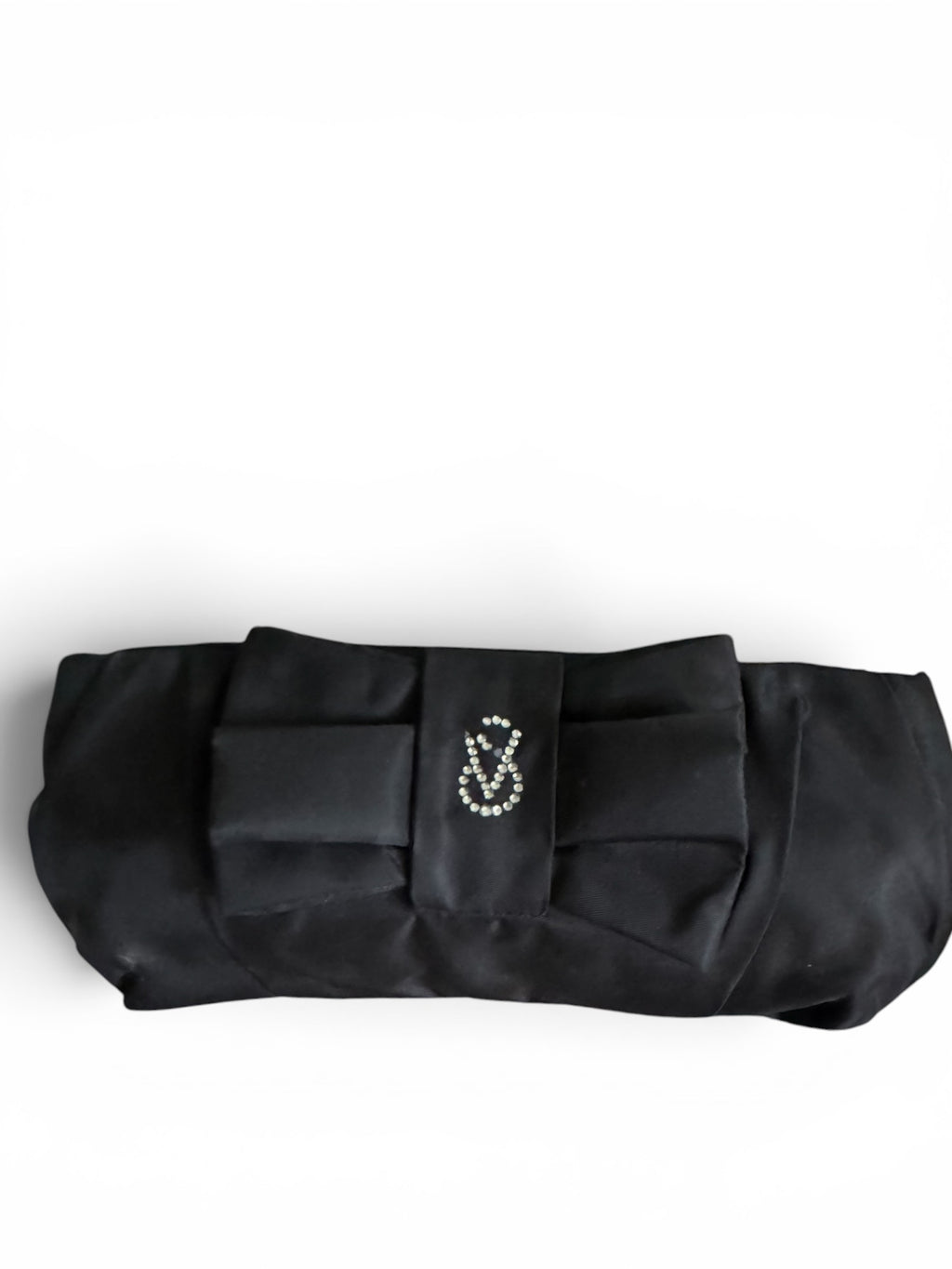 Victoria's Secret Black Satin Bow Evening Clutch Bag with Rhinestone "V" Logo