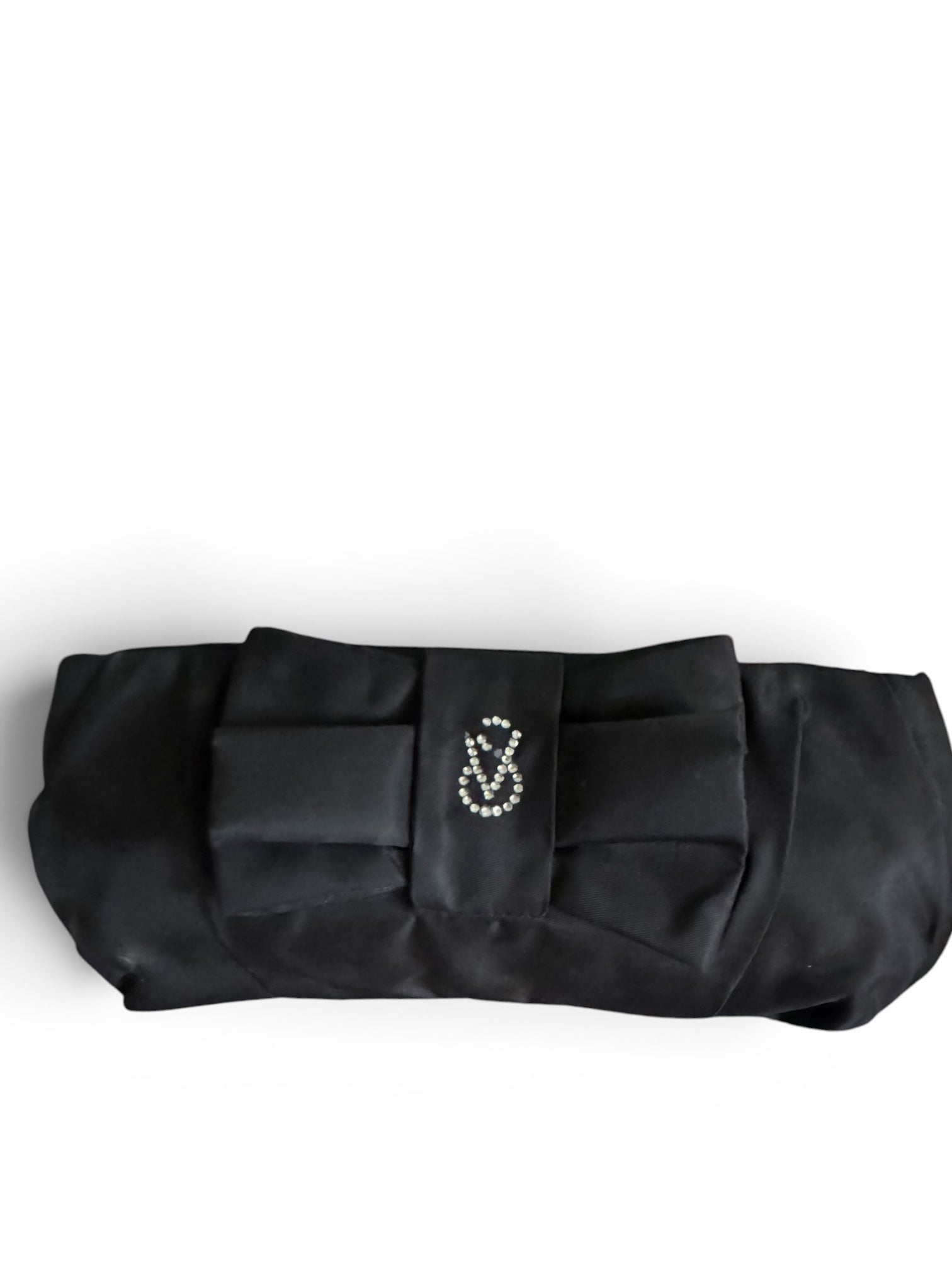 Victoria's Secret Black Satin Bow Evening Clutch Bag with Rhinestone "V" Logo