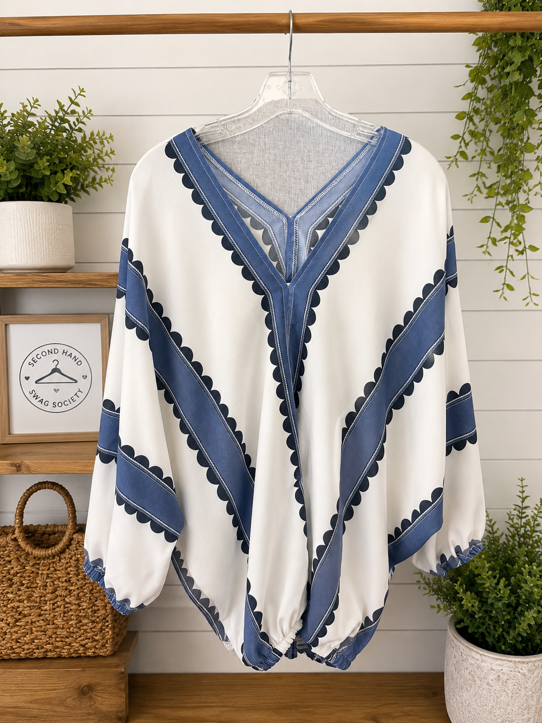Blue & White Scallop Print Peasant Blouse
