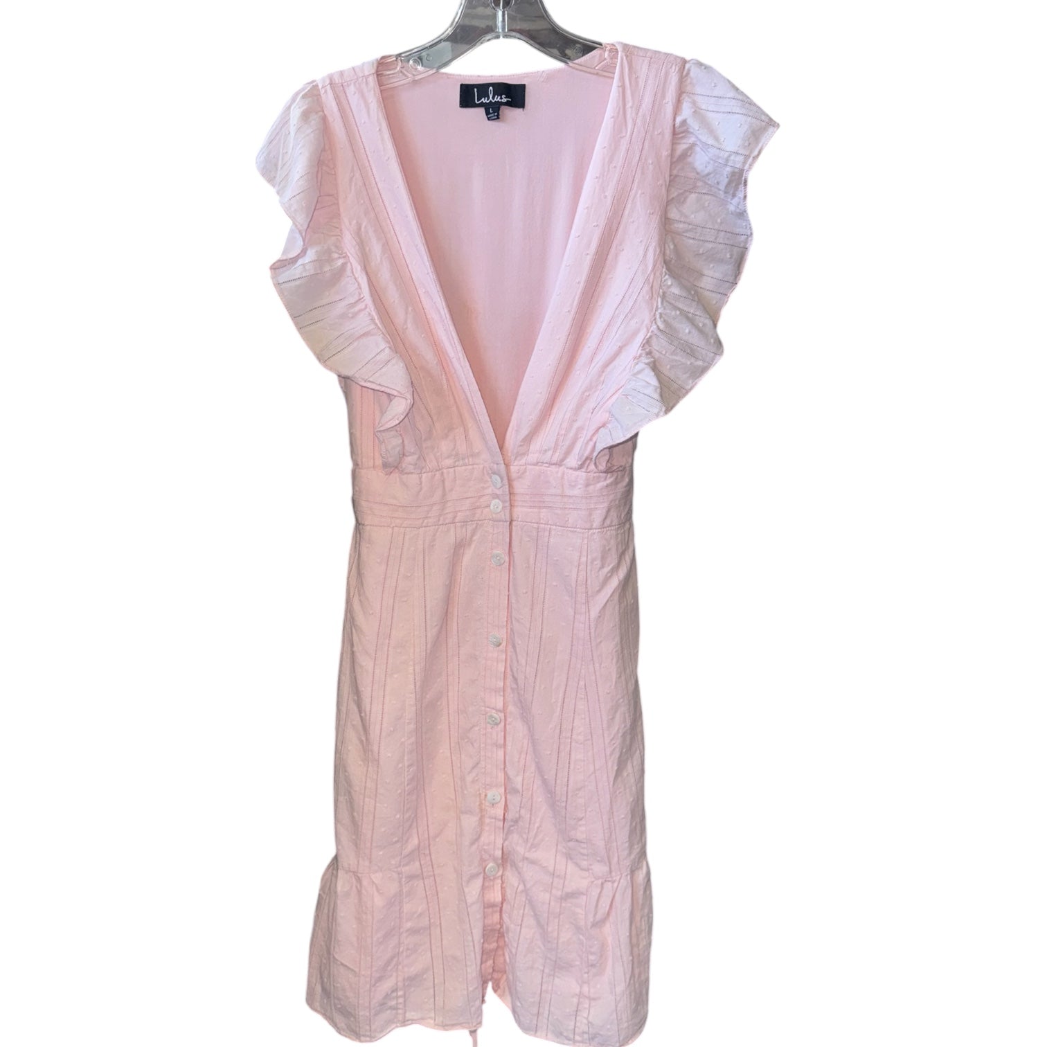 Lulus Light Pink Swiss Dot Ruffle Sleeve Button-Front Dress