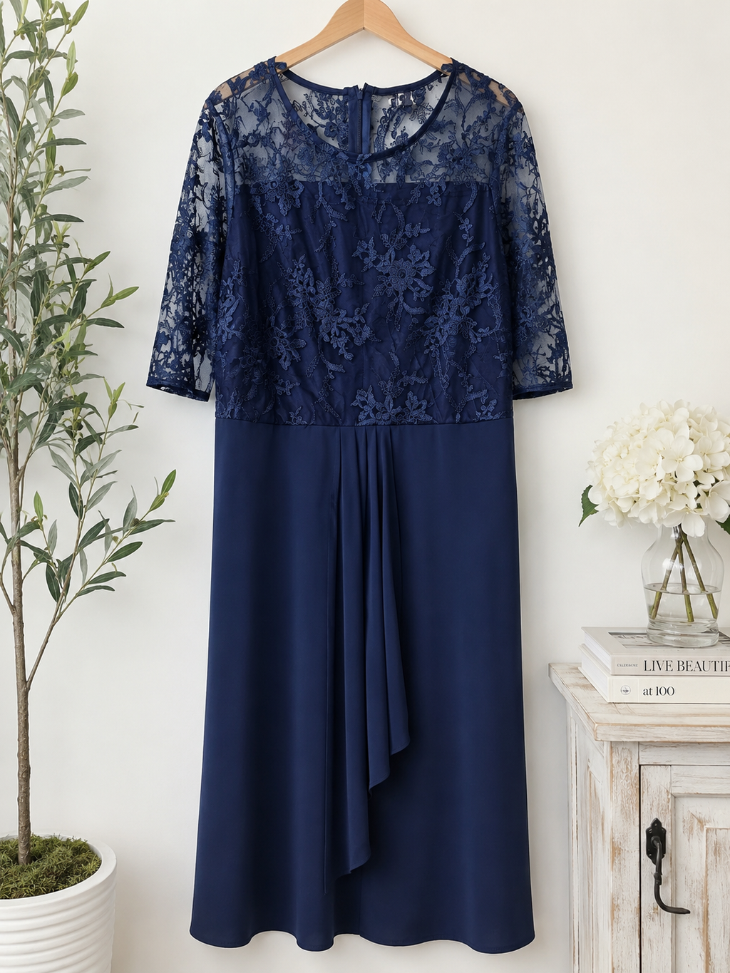 Navy Blue Lace Overlay Cocktail Dress