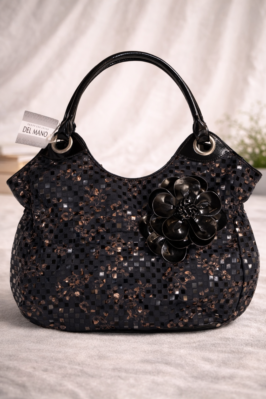 Del Mano Black Floral Shoulder Bag – Embellished Statement Purse with Patent Trim