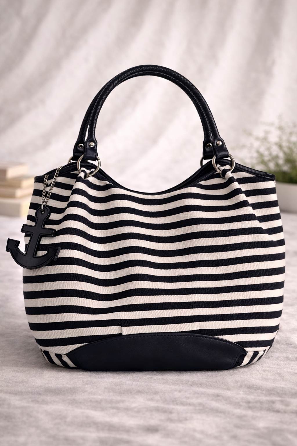 Maurice’s Nautical Striped Shoulder Bag – Navy & White Anchor Charm Tote
