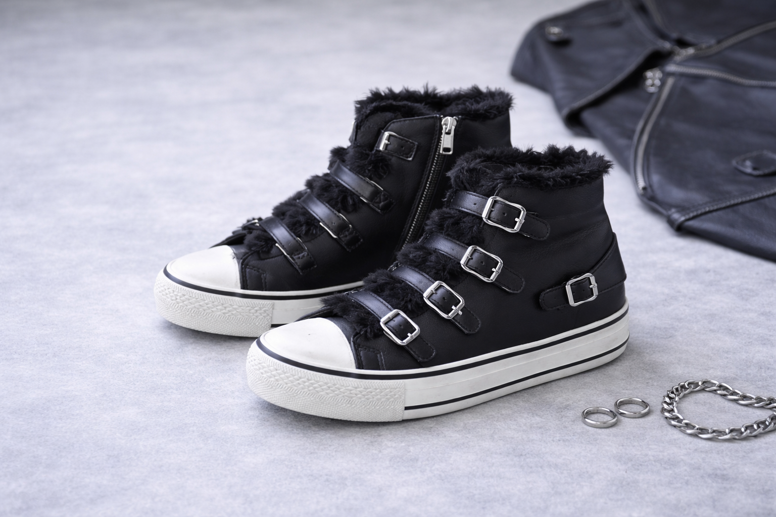 ASH Black Leather Buckle High-Top Sneakers – Faux Fur Trim – Size 8.5