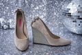 Betsey Johnson Taupe Suede Rhinestone Wedge Heels – Size 8.5