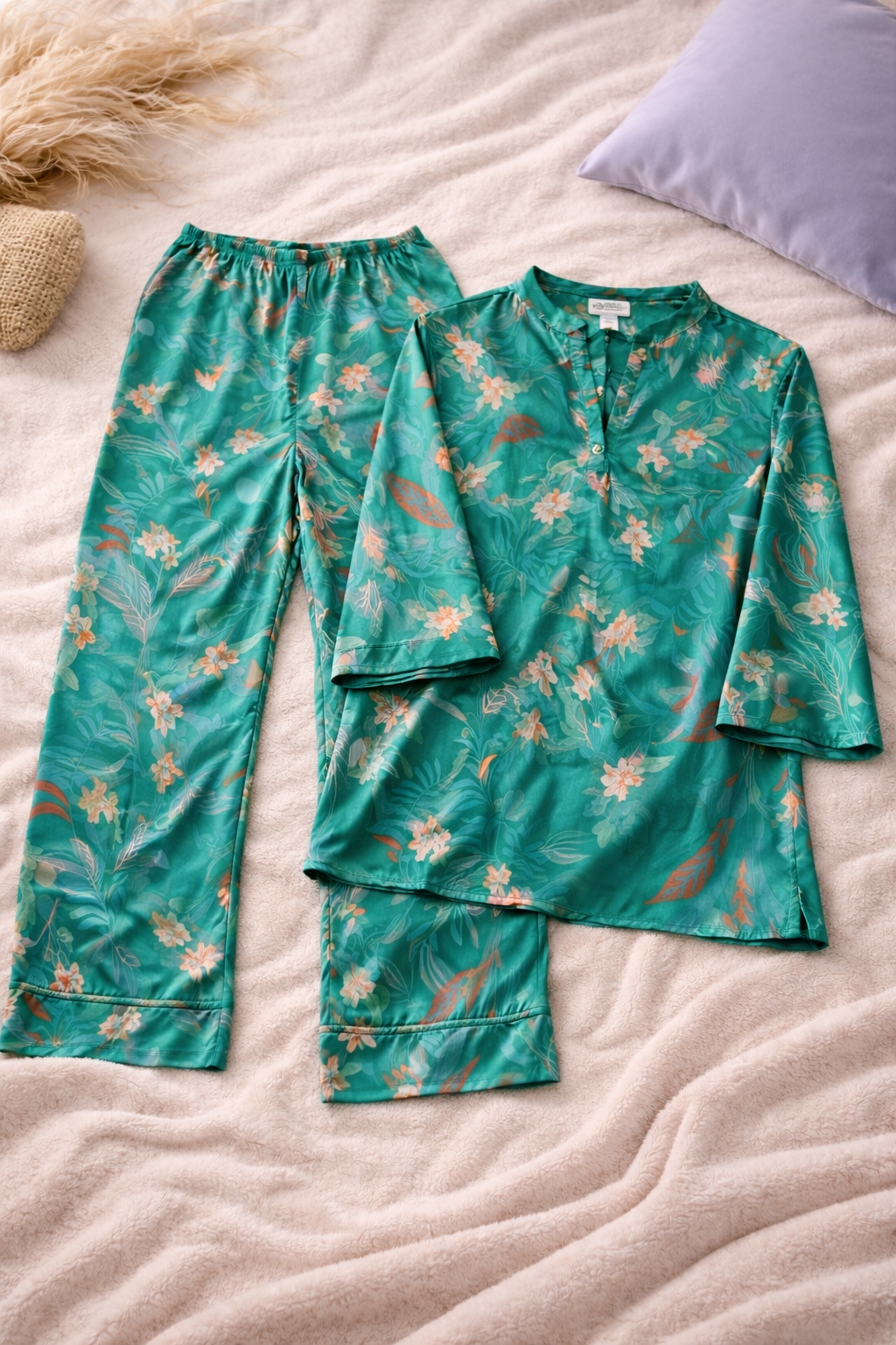 Cozee Corner Satin Floral Pajama Set – Emerald Green – Size XL
