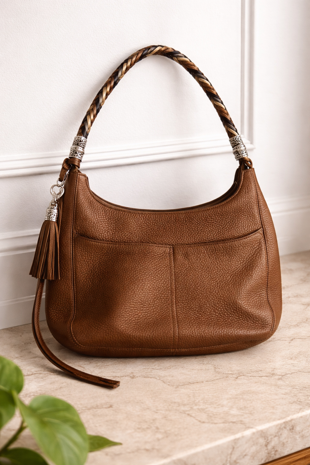 Brighton Brown Pebbled Leather Hobo Bag – Braided Strap + Tassel Charm