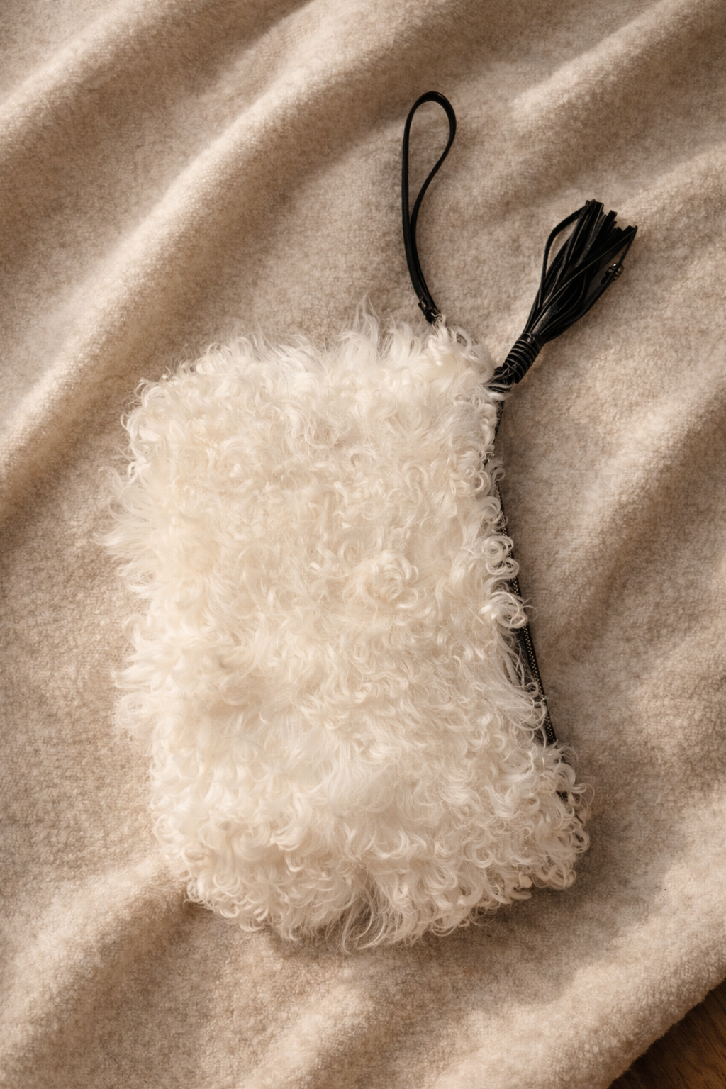 Etienne Aigner Faux Shearling & Leather Wristlet Clutch – Black & Cream