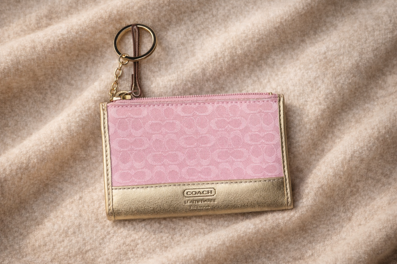 Coach Pink Signature Monogram Keychain Wallet – Gold Trim