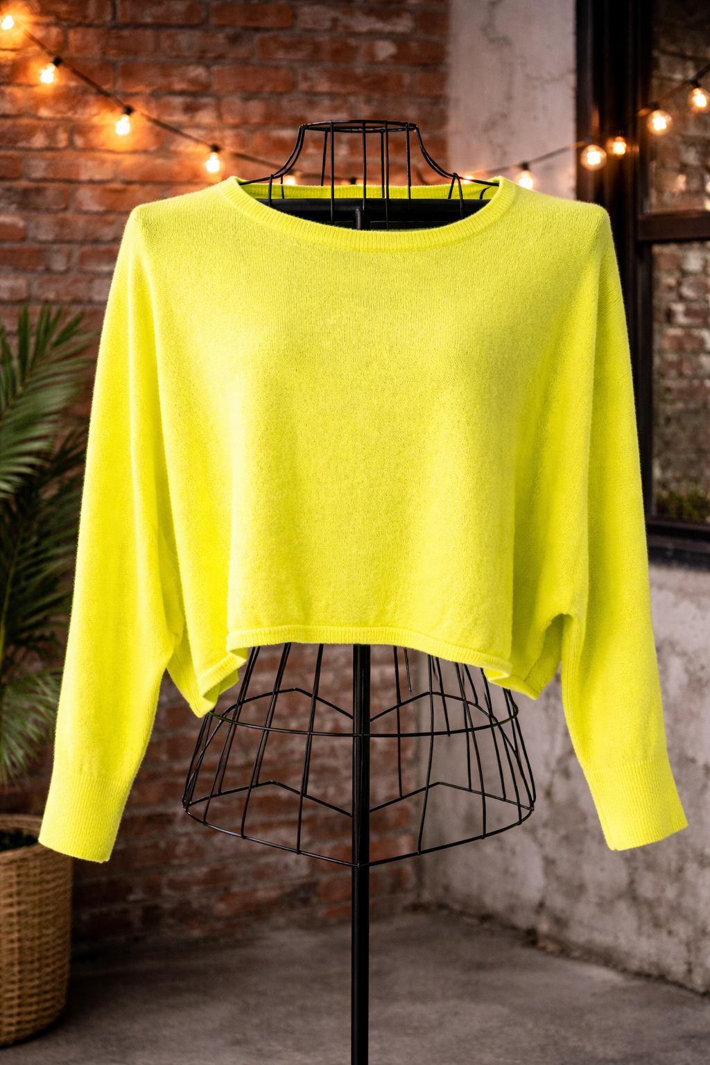 Minnie Rose Neon Yellow Cropped Knit Sweater – One Size