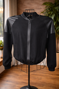Elie Tahari Black Mixed Media Zip Jacket – Leather Detail, Minimal Chic