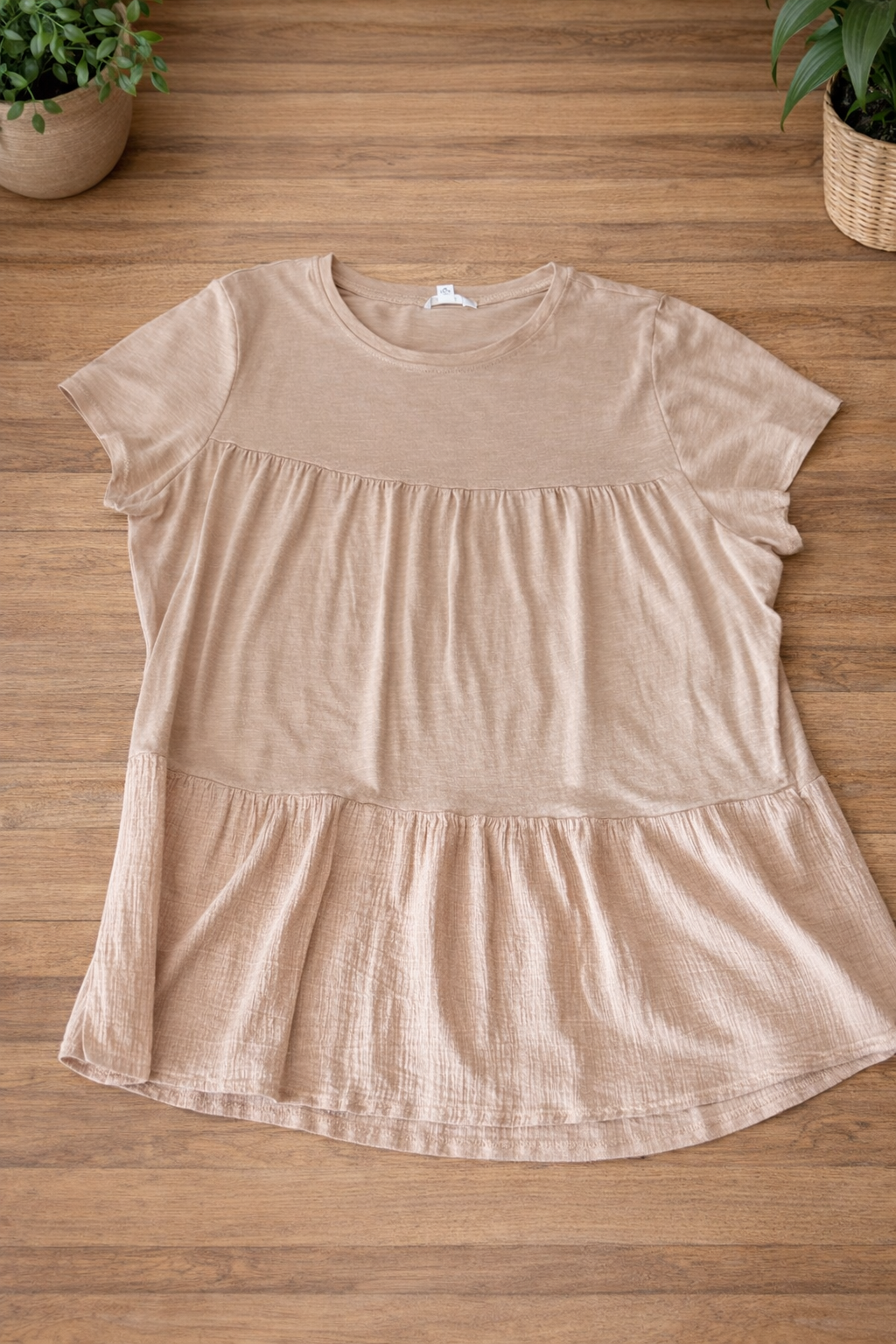 Time and Tru Beige Tiered Babydoll Top | Size XL (16–18) | Flowy Casual Tee