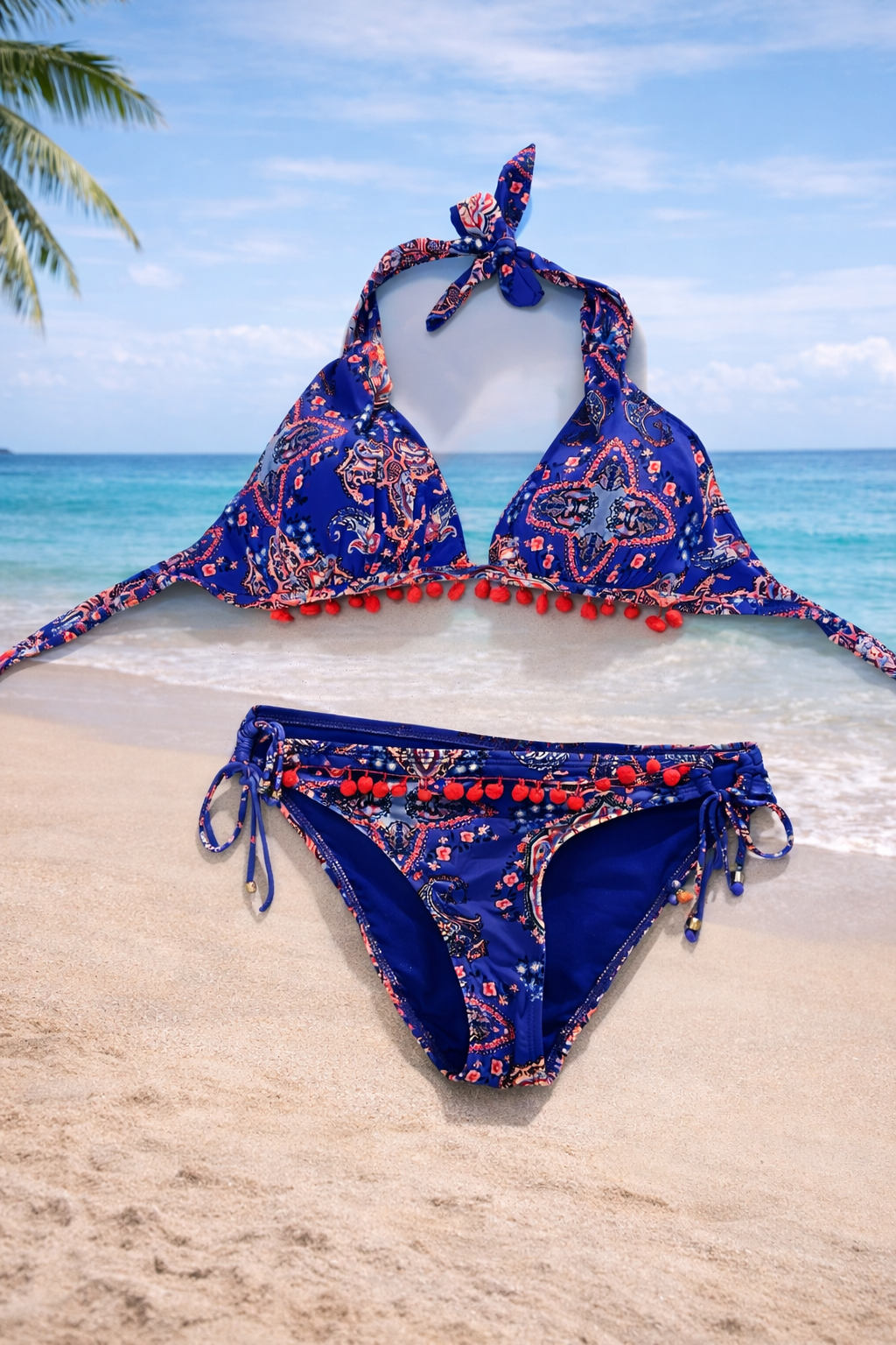 Cremieux Paisley Pom-Pom Bikini Set | Blue Multi | Size M