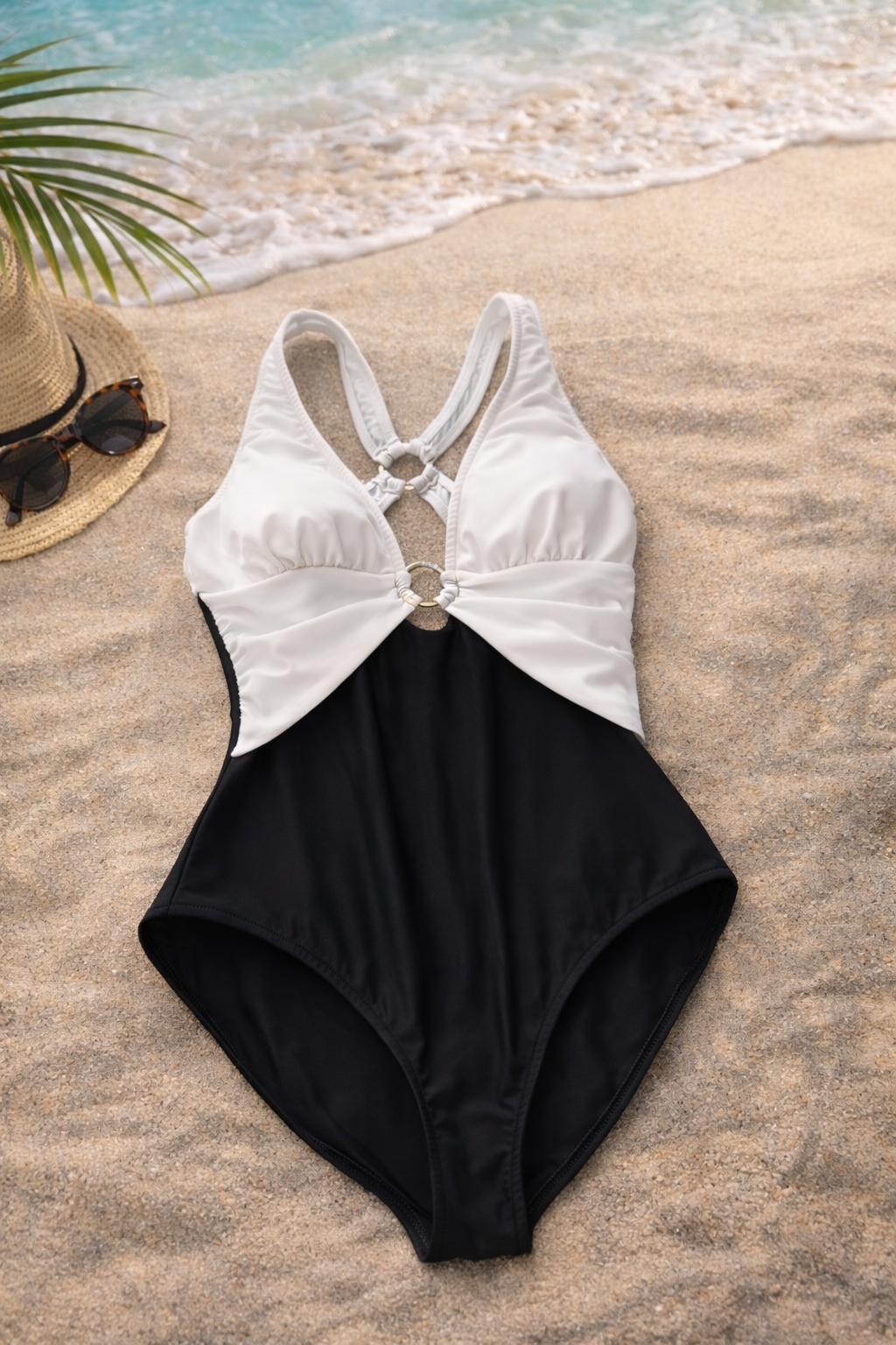 Venus Black & White Cutout One-Piece Swimsuit – Size 12 – Sculpting Ring Detail