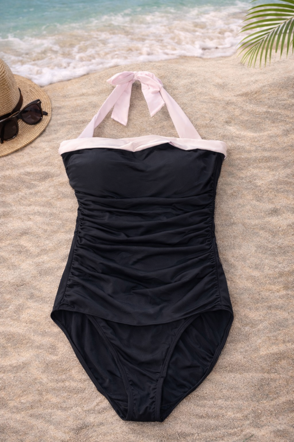 Black Ruched One-Piece Swimsuit – S/M – Tummy Control Halter
