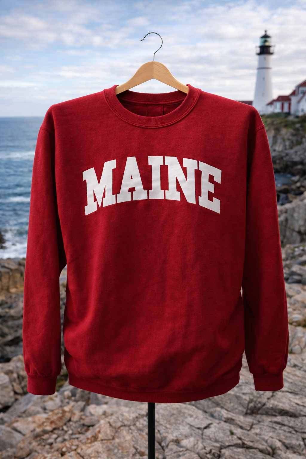 Maine Crewneck Sweatshirt – Jerzees – Red Graphic – Cozy Classic – Size Large