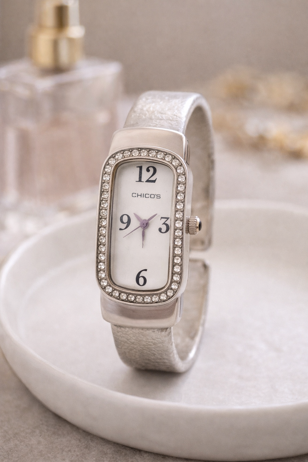 Chico’s Rhinestone Bracelet Watch – Silver Tone Cuff Style