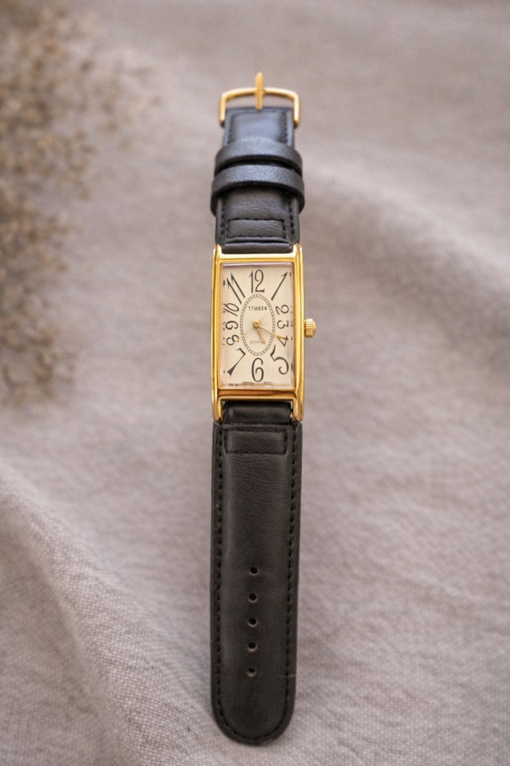 Vintage Timex Rectangular Watch – Gold Tone Case & Black Leather Strap