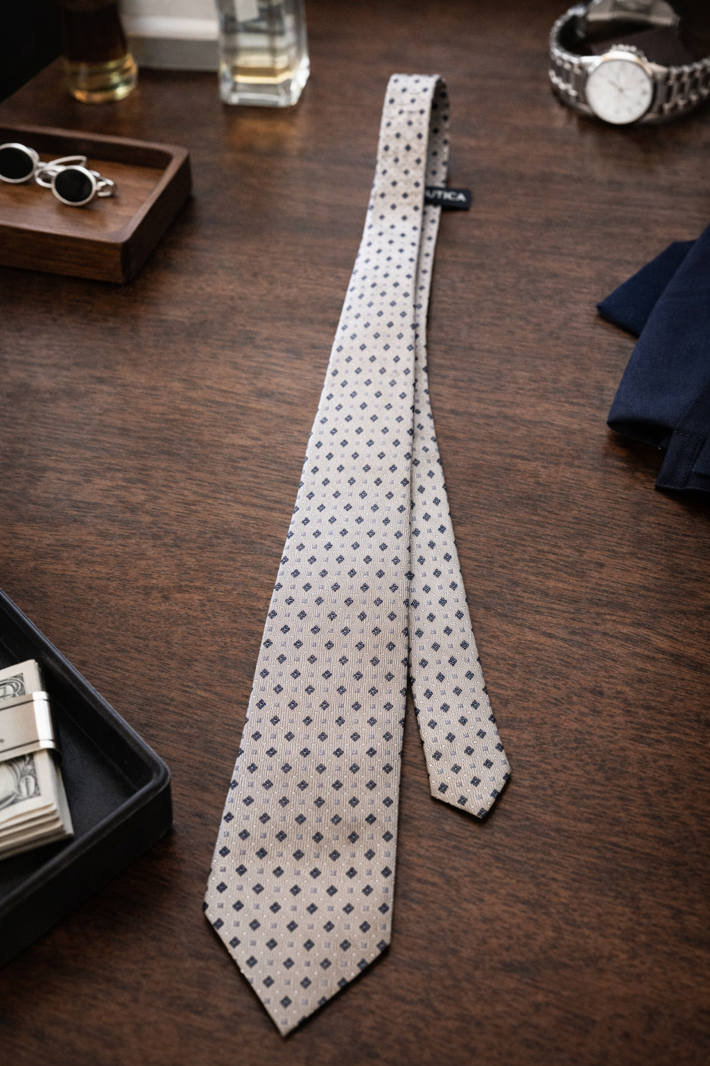 Countess Mara Beige & Navy Pattern Tie – Classic Silk Menswear