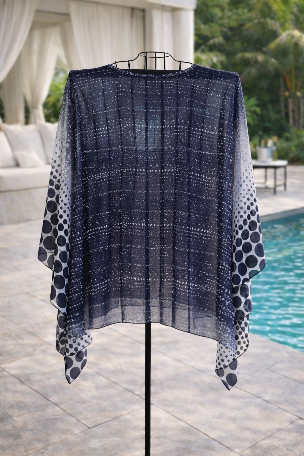 Sheer Navy & White Abstract Print Kimono / Resort Cover-Up Top