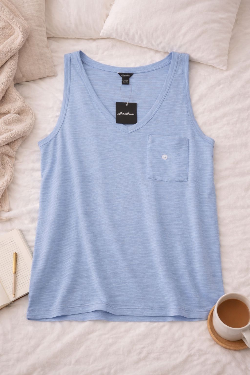 Eddie Bauer Light Blue V-Neck Tank Top (XL) – Soft Slub Knit Pocket Tank