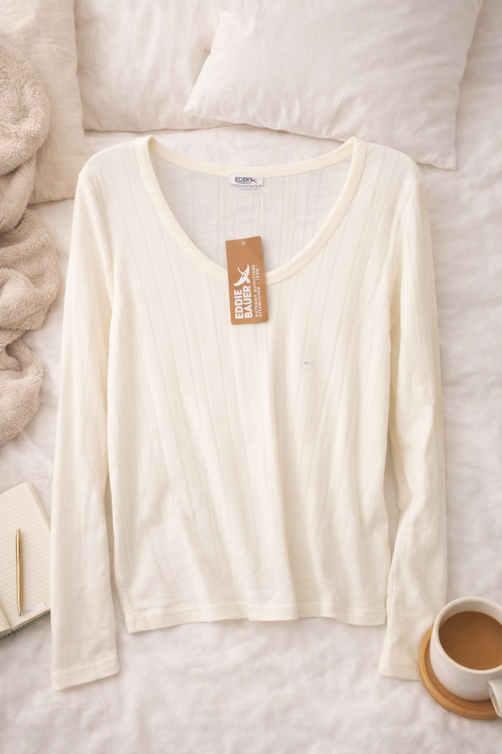 Eddie Bauer Cream Ribbed Long Sleeve Top (XL) – Soft Lightweight Scoop Neck