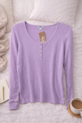 Eddie Bauer Lavender Waffle Knit Henley Top (M) – Long Sleeve Bu986tton Front