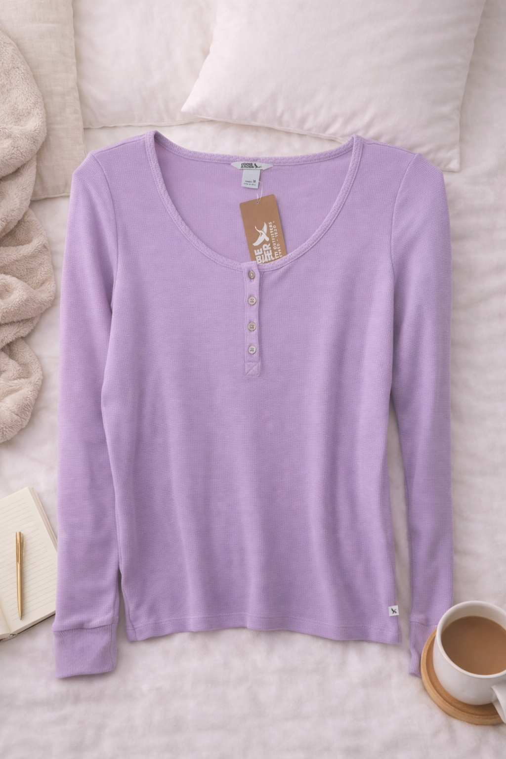 Eddie Bauer Lavender Waffle Knit Henley Top (M) – Long Sleeve Bu986tton Front