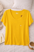 Eddie Bauer Mustard Yellow Ribbed Tee (XL) – Short Sleeve Scoop Neck