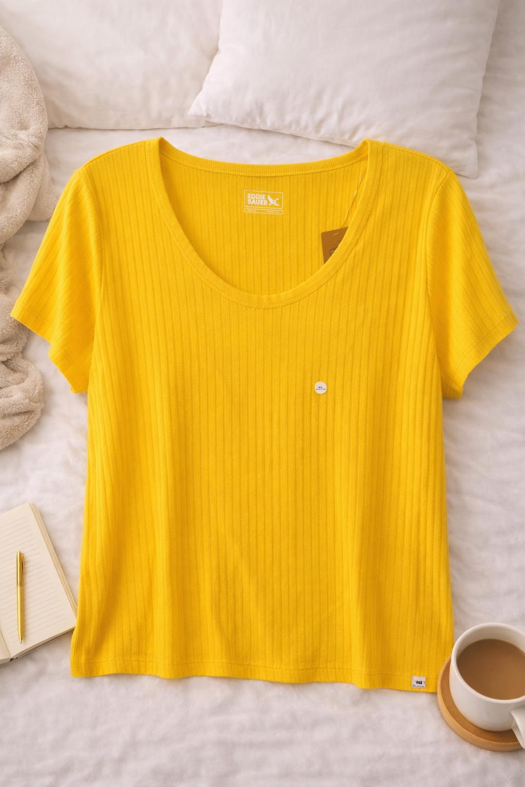 Eddie Bauer Mustard Yellow Ribbed Tee (XL) – Short Sleeve Scoop Neck