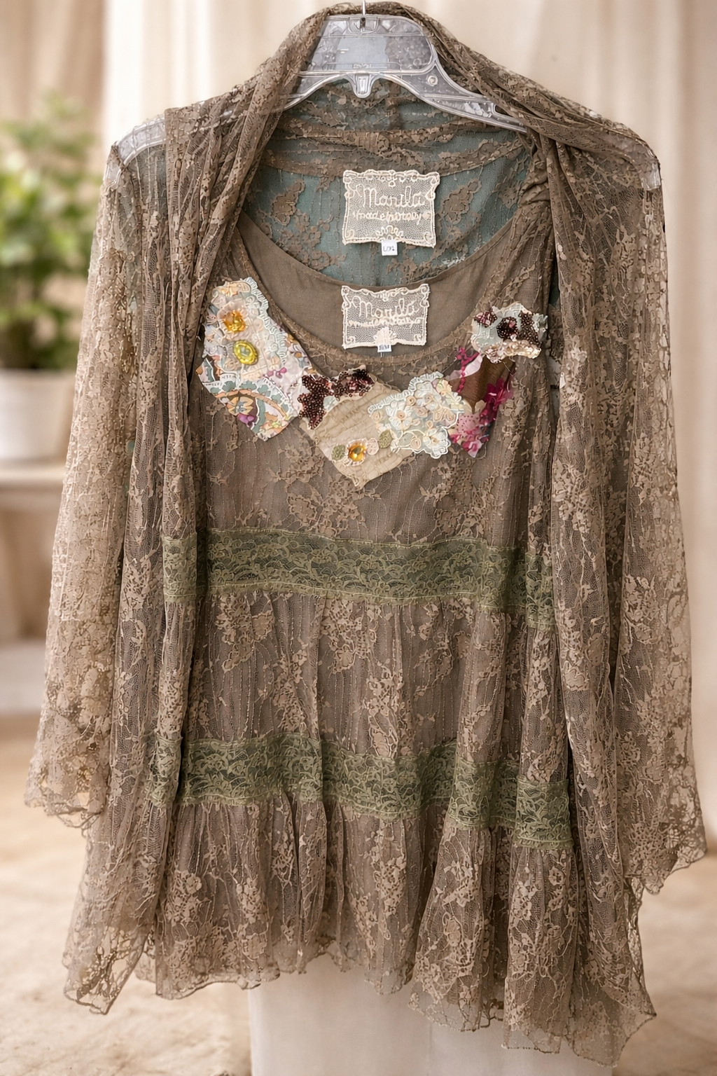 Marila Lace Boho Tunic Top – Patchwork Detail – Romantic Cottagecore – Size S/M (Fits L/XL Layered)